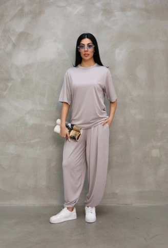 Osy Modal Yumuşak Dokulu Kumaş Oversize Bisiklet Yaka T-shirt Jogger Eşofman Altı Eşofman Takımı - Gri