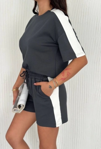 Osy Modal Yumuşak Dokulu Kumaş Parçalı Bisiklet Yaka T-shirt Kısa Şort İkili Takım - Antrasit