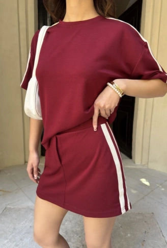 Osy Modal Yumuşak Dokulu Kumaş Parçalı Bisiklet Yaka T-shirt Mini Şortlu Etek İkili Takım -Bordo