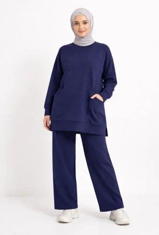 Osy Modal Yumuşak Dokulu Kumaş Tesettür Cepli Tunik Pantolon Takım - Lacivert