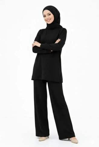 Osy Modal Yumuşak Dokulu Tesettür İkili Takım Yan Yırtmaçlı Uzun Tunik Ve Düz Paça Pantolon, Salaş Kalıp - Siyah