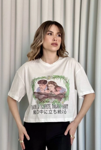 Oversize Beyaz baskılı crop tişört