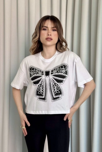 Oversize Beyaz baskılı crop tişört