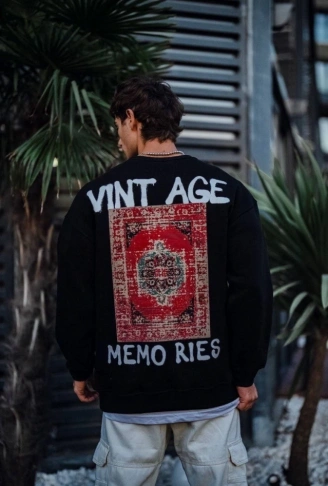 Oversize Bisiklet Yaka Üç İplik Baskılı SweatShirt - Siyah