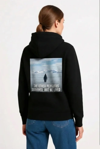 Oversize Hoodie - Sırt Baskılı Survivor Penguin Temalı, Felsefi Yazılı Kapüşonlu Sweatshirt - Siyah