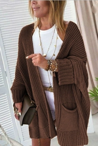 Oversize Kalıp Cepli Salaş Triko Hırka Kahve