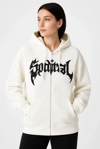 Oversize Kapüşonlu Sweatshirt Hoodie 3 İplik Şardonlu Pamuklu Kumaş, Önü Baskılı, Fermuarlı Rahat Kalıp, Kışlık Ve Sokak Stili Sweat - Beyaz