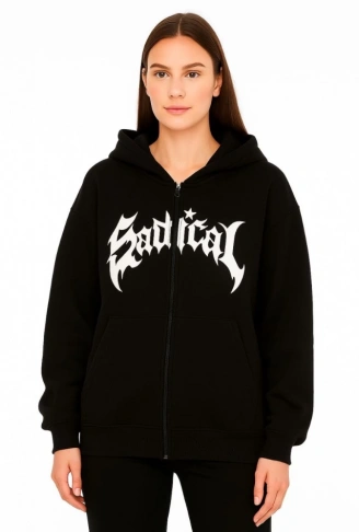 Oversize Kapüşonlu Sweatshirt  Hoodie 3 İplik Şardonlu Pamuklu Kumaş, Önü Baskılı, Fermuarlı Rahat Kalıp, Kışlık Ve Sokak Stili Sweat - Siyah