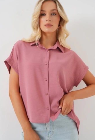 Oversize Kısa Kol Gömlek 20322 - Pembe