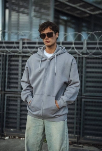 Oversize Tam Fermuarlı Uzun Kol Hırka - Gri