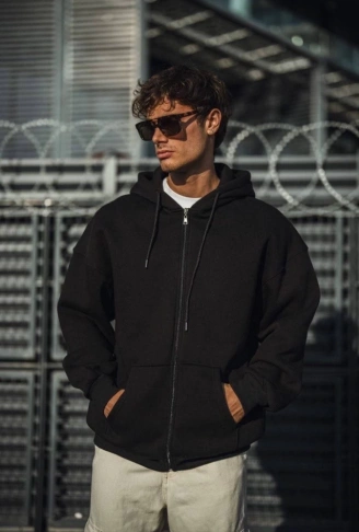 Oversize Tam Fermuarlı Uzun Kol Hırka - Siyah