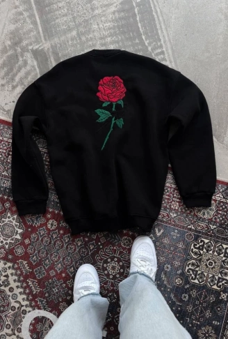 Oversize Üç İplik Bisiklet Yaka Baskılı SweatShirt - Siyah