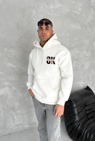 Oversize Üç İplik Kapüşonlu SweatShirt - Beyaz