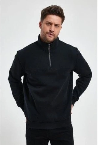 Oversize Yarım Farmuarlı Yakalı Basic SweatShirt - Siyah