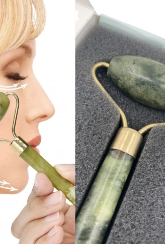 Özel Süngerli Kutusunda Kırılmaz Çift Taraflı 2li Cilt Yüz Masaj Aleti Jade Roller Yeşim Taşı (4940)