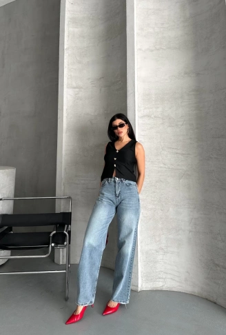 Palazzo straight kar yıkama jeans pantolon mavi d2008