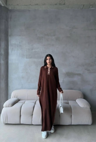 Pantolon yırtmaçlı elbise ikili triko takım kahve elf