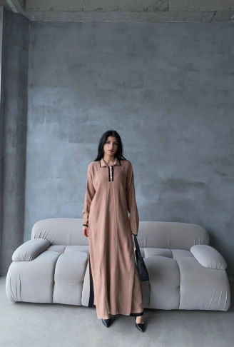 Pantolon yırtmaçlı elbise ikili triko takım vizon elf