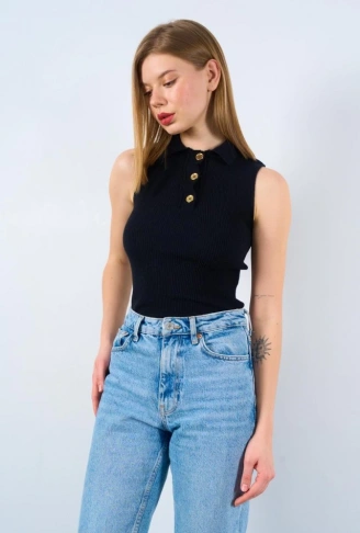 Patlı Düğmeli Triko Atlet - Siyah