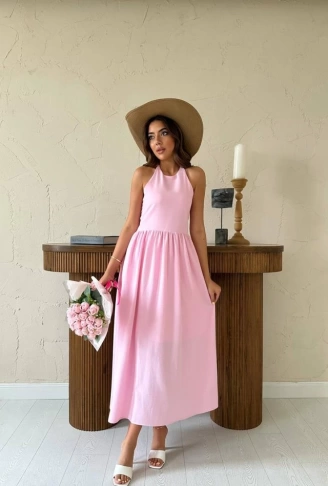 Pembe Arkası Gipeli Keten Elbise