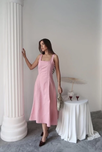 Pembe Çift Dikişli Gabardin Elbise