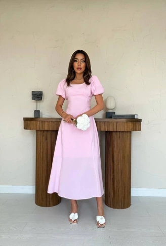 Pembe Göğüs Büzgülü Elbise