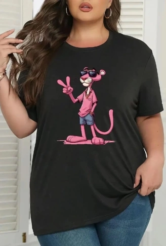 Pembe Panter Baskılı Oversize Bisiklet Yaka T-shirt - Beyaz