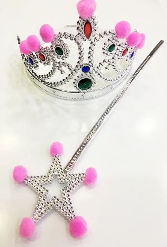 Pembe Ponponlu Gümüş Renk Prenses Tacı ve Gümüş Renk Prenses Asası (4940)