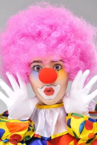 Pembe Renk Kıvırcık Afro Bonus Peruk Takma Saç ve Kırmızı Burun Seti
