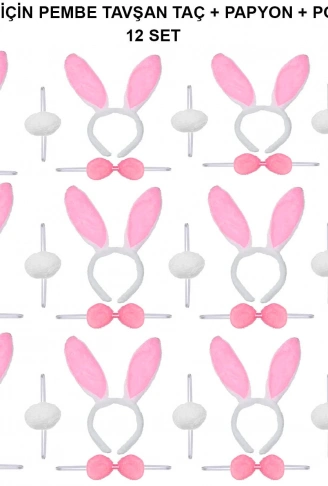 Pembe Tavşan Kostüm Seti – Taç, Papyon, Ponpon (12’li Paket) (4940)