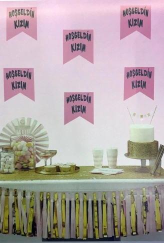 Pembe Üzeri Gümüş Renk Hoşgeldin Kızım Bayrak Süs (4940)