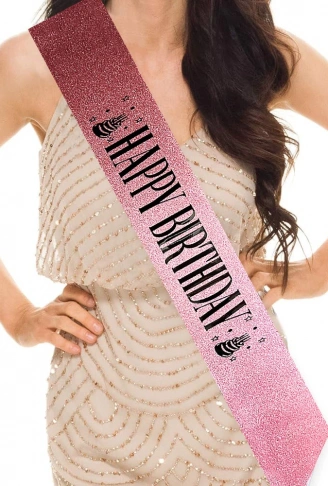 Pembe Üzeri Siyah Büyük Happy Birthday Yazılı Simli Işıltılı Kuşak Kemer 10 cm Genişlik (4940)