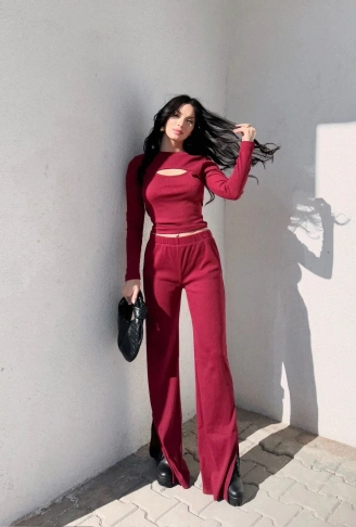 Pencereli detaylı alt üst takım bordo w3864