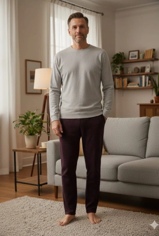 Pijalüx Tek Alt Cepli Örme Ekose Ev Pantolonu