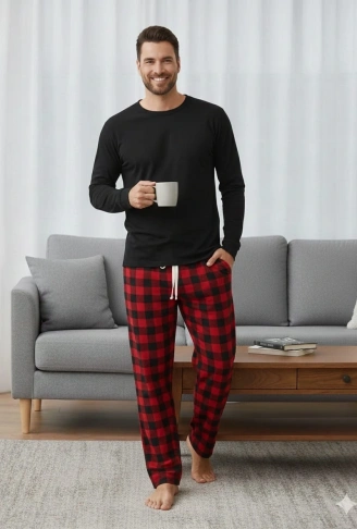 Pijalüx Tek Alt Ekose Kalın Poplin Kışlık Ev Pantalonu