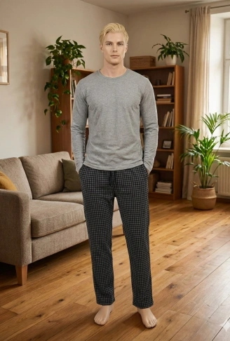 Pijalüx Tek Alt Örme Ekose Ev Pantolonu