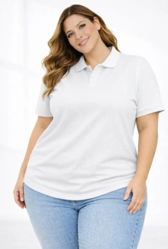 Pike Kumaş Düğmeli Yaka Battal Büyük Beden Günlük Kısa Kol Tişört T-shirt - Beyaz