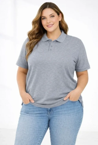 Pike Kumaş Düğmeli Yaka Battal Büyük Beden Günlük Kısa Kol Tişört T-shirt - Gri