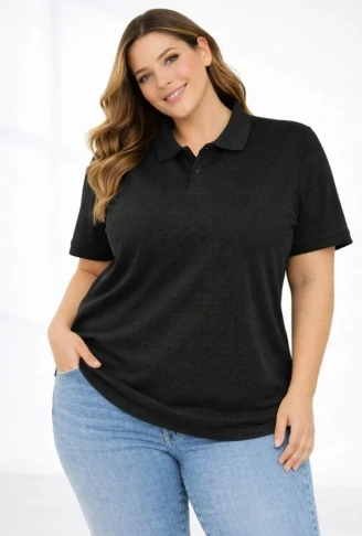 Pike Kumaş Düğmeli Yaka Battal Büyük Beden Günlük Kısa Kol Tişört T-shirt - Siyah