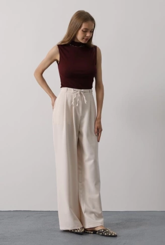 Pileli Bağcıklı Oversize Pantolon - Bej