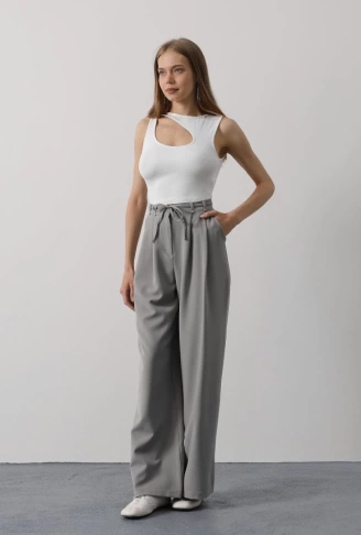 Pileli Bağcıklı Oversize Pantolon - Gri
