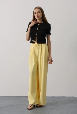 Pileli Bağcıklı Oversize Pantolon - Sarı
