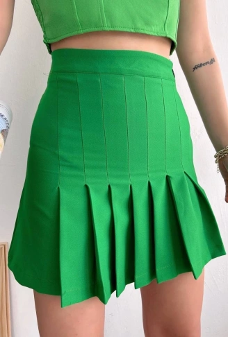 Pileli düğmeli etek açık yeşil s24811