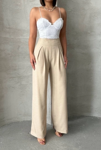 Pileli keten pantolon s255046
