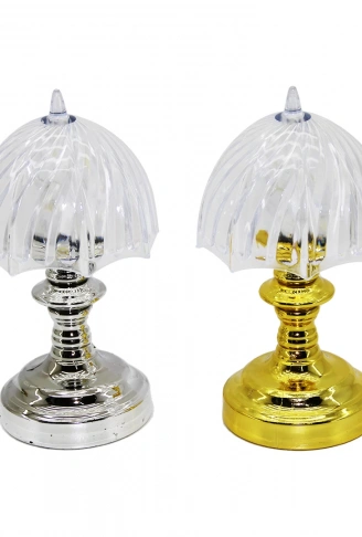 PİLLİ MİNİ ŞEMSİYE MODELİ LED LAMBA ABAJUR MİKA KRİSTAL BAŞLIK - GOLD - KROM AYAK (4940)