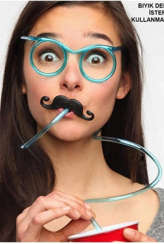 Pipetli Parti Gözlüğü - Çocuk ve Yetişkin Bıyıklı Pipet Gözlük Mavi Renk 18x14 cm (4940)