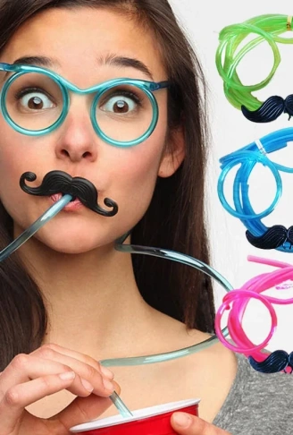 Pipetli Parti Gözlüğü - Çocuk ve Yetişkin Bıyıklı Pipet Gözlük Pembe Renk 18x14 cm (4940)