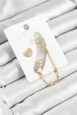 Pirinç Kalp Figürlü Zirkon Taşlı Gold Renk 3lü Kıkırdak Kadın Küpe Set