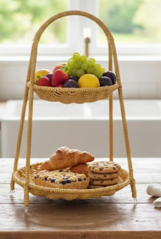 Plastik Rattan İki Katlı Sunumluk–Dekoratif Organizer, Mutfak Meyve,Sebze Sepeti, Banyo Düzenleyici Raf,Masaüstü Çok Amaçlı Sunum Standı (4940)