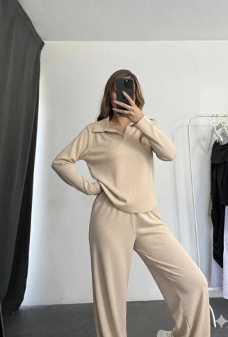 Polo yaka alt üst kollu modal takım bej pt